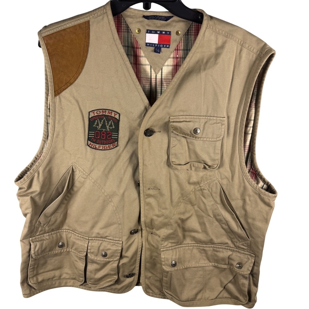 Vintage Tommy Hilfiger Utility Vest Mens L Tan Expedition Patrol Plaid Lined